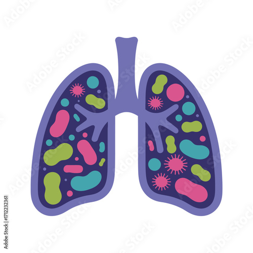 Illustration of lungs filled with colorful bacteria and viruses