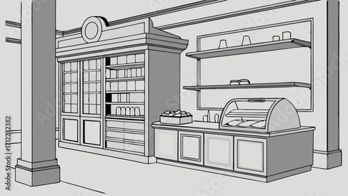 Shop Interior Design Retail Space Sketch Counter Display Food Service Bakery Cafe Store Layout Shelves Cabinets Display Case Commercial Kitchen Restaurant Design Food and Beverage Ill.