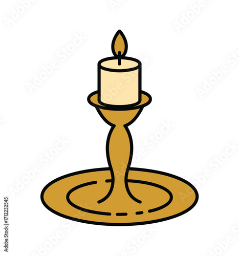 Simple illustration of a lit candle in a golden candlestick holder