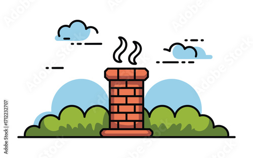 Brick chimney emitting smoke surrounded by green bushes and clouds