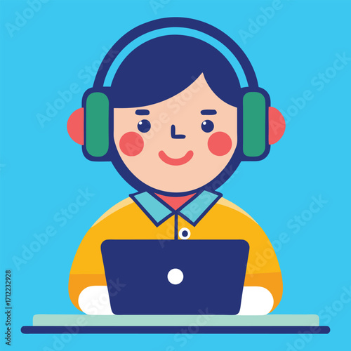 Friendly cartoon character with headphones and a laptop representing customer service online learning or remote work smiling and engaged with technology on a blue background