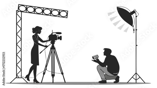 Studio filming video production cameraman film crew movie making television production broadcasting interview silhouette black and white simple illustration graphic design vector art.