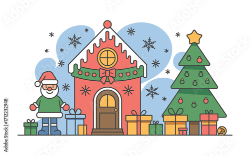 Charming santa claus and christmas tree outside a festive decorated house