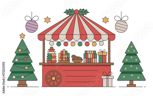 Charming christmas market stall decorated with gifts and trees