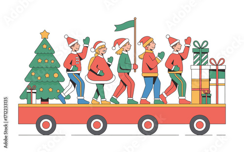 Children in santa hats and christmas costumes on a festive parade float