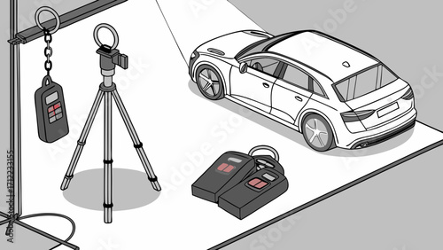 Studio Photography Setup with Car and Equipment Illustration.