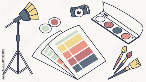 Studio photography setup with color swatches camera makeup palette and brushes.