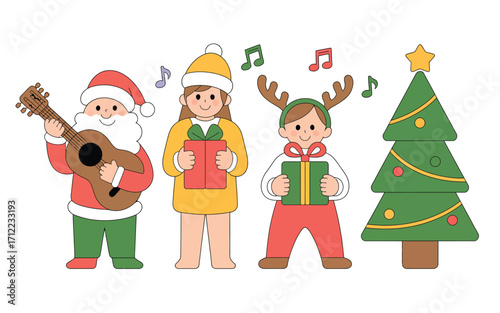 Christmas characters singing carols with a decorated tree