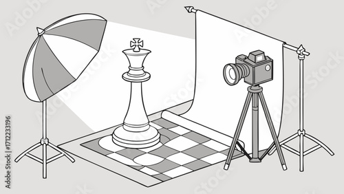 Studio Photography Setup with Chess Piece and Lighting Equipment.