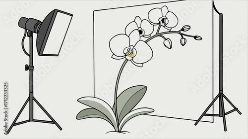 Studio setup with flower backdrop and lighting equipment for photography or illustration.