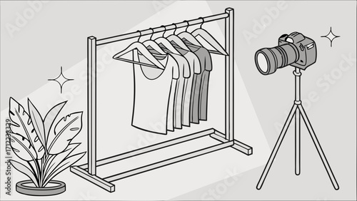 Studio Setup for Clothing Photography Apparel Product Shots Fashion Illustration DSLR Camera on Tripod Clothing Rack with Hangers Simple Minimalist Design Line Art Graphic Design Element.