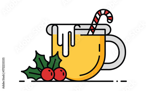 Festive christmas mug with candy cane and holly berries