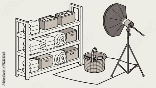 Studio Setup with Lighting Equipment and Props for Photography or Filmmaking.