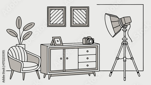 Studio Setup Photography Lighting Home Interior Design Minimalist Illustration Camera Equipment Photo Shoot Preparation Modern Furniture Interior Scene Graphic Design Home Decor Flat La.