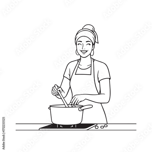 Black and White Vector Illustration of a Smiling Woman Cooking in Kitchen with Apron and Headband