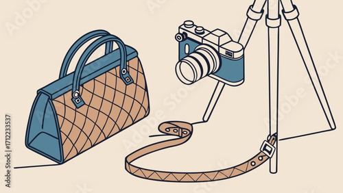 Stylish Handbag and Camera on Tripod Photography and Fashion Illustration.