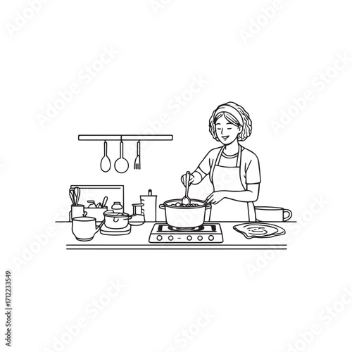 Black and White Vector Illustration of a Smiling Woman Cooking in Kitchen with Apron and Headband