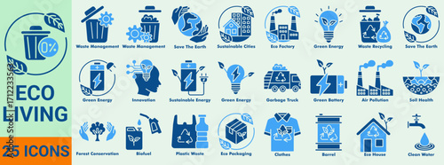 Eco Living icon set. Featuring green energy, recycling, zero waste, sustainable cities, eco factory, clean water, soil health, forest conservation, and environmental protection.