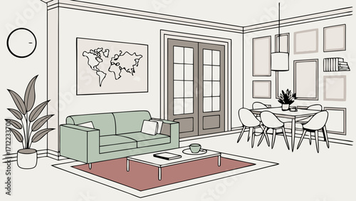 Apartment Interior Design Sketch Modern Living Room and Dining Area Illustration Home Decor Minimalist Style Drawing.