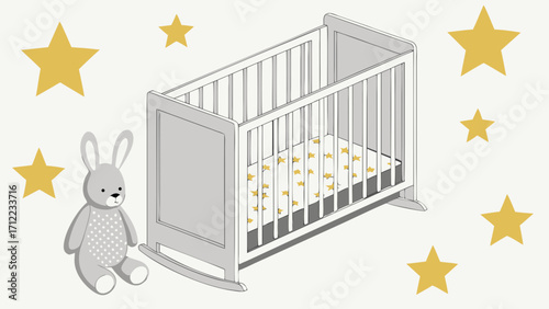 Baby crib with stuffed animal and stars design nursery decor infant bedding childrens room illustration.