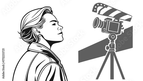 Stylish Woman Profile with Movie Camera and Clapperboard Filmmaking Cinema and Video Production Illustration.