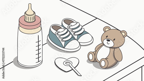 Baby items feeding bottle shoes teddy bear nursery infant newborn childhood parenting kids toddler cute adorable sweet lovely illustration graphic design vector artwork clipar.