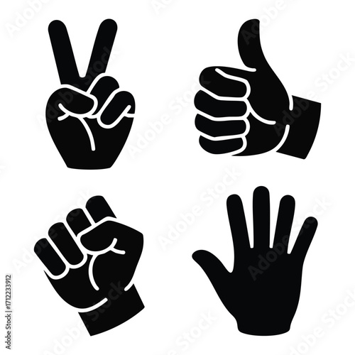 Collection of hand gestures and icons showing different signs, including thumbs up and pointing fingers, for success and communication concepts