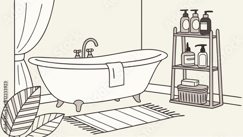 Bathroom illustration bathtub shower curtain toiletries shelf bath mat towel interior design home decor spa relaxation wellness hygiene cleanliness comfort cozy serene minimalist.