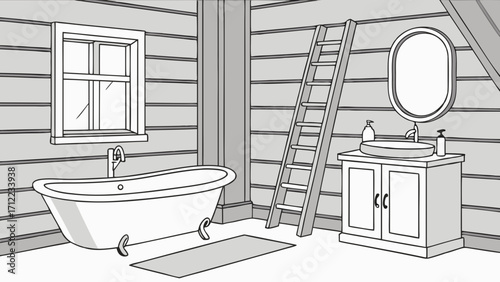 Bathroom interior design modern bathtub wooden walls vanity ladder mirror illustration home decor renovation architecture sketch drawing blueprint plan rustic cottage farmhouse m.