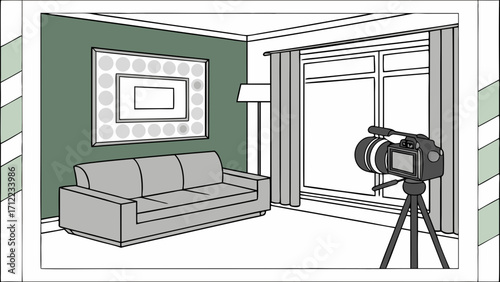 Camera on tripod in living room interior illustration modern home design video production film equipment home staging interior design photography setup.