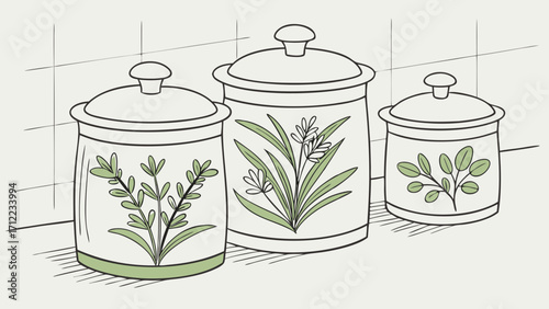 Three Decorative Herb Jars with Lids Kitchen Storage Botanical Design Home Decor Illustration.