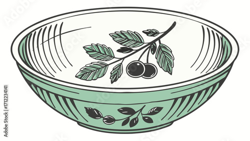 Vintage Green Bowl with Berries and Leaves Illustration Hand-Drawn Kitchenware Design Menu Graphic Food Illustration Tableware Clipart.