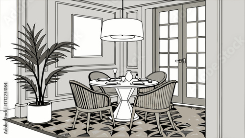 Contemporary Dining Room Interior Design Sketch Elegant Table Setting Plant French Doors Geometric Floor Tile Pattern.