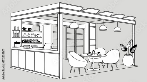 Contemporary kiosk design cafe interior sketch modern coffee shop blueprint small business store layout retail space illustration simple line drawing architectural rendering food service d.
