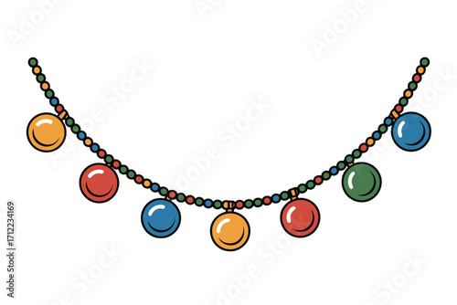 Colorful string of festive holiday lights on a white background