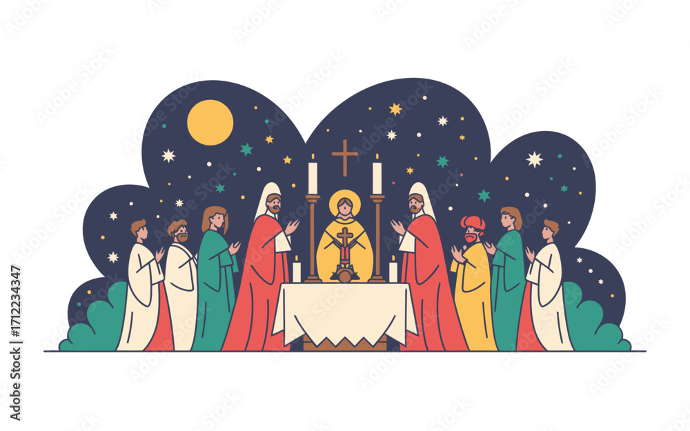 Fototapeta premium Religious ceremony with jesus christ at the altar under a starry night sky