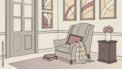 Cozy living room interior design with armchair books and flowers.