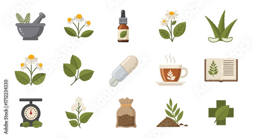 Herbal Medicine and Natural Remedies Flat Icons Set.