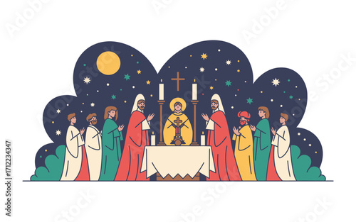 Religious ceremony with jesus christ at the altar under a starry night sky