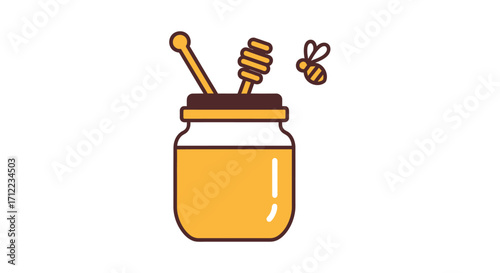 Honey jar with honey dipper and bee.