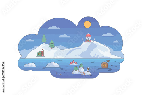 Whimsical winter island scene with lighthouse and snowmen