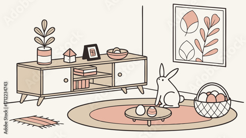 Easter illustration bunny rabbit pastel eggs spring decor home interior mid century modern furniture living room scene springtime holiday celebration cute cartoon simple design minima.