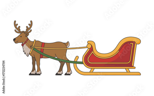 Christmas reindeer pulling a red and gold sleigh
