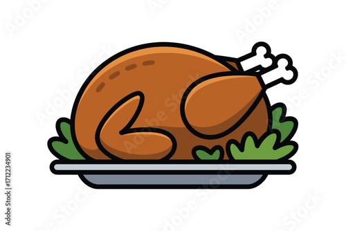 Cartoon illustration of a roasted turkey on a platter with herbs