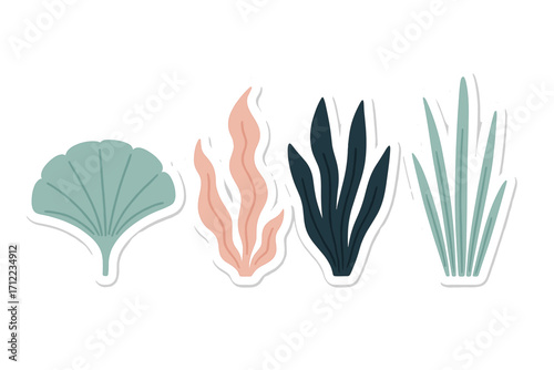 Diverse collection of stylized aquatic plants and seaweed forms featuring a modern graphic design aesthetic with soft colors