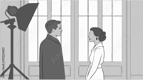 Elegant Couple Studio Portrait Black and White Illustration Fashion Romance Vintage Style.