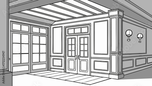 Elegant Entryway Design Interior Architecture Sketch Double Doors Wainscot Paneling Classic Home Decor.
