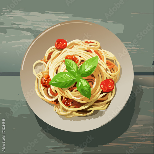 An appetizing illustration of classic spaghetti pasta served with a rich tomato sauce, garnished with bright green basil, presented beautifully from a top-down perspective on a textured surface