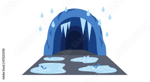 Icy Cave Entrance with Dripping Water and Puddles.