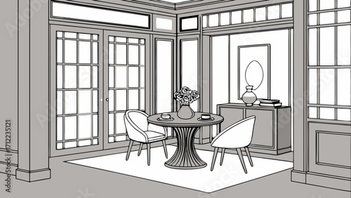 Elegant Small Dining Room Interior Design Sketch Cozy Breakfast Nook Minimalist Home Decor Modern Apartment Illustration.